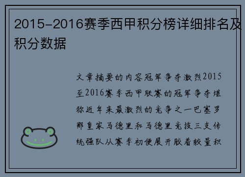 2015-2016赛季西甲积分榜详细排名及积分数据