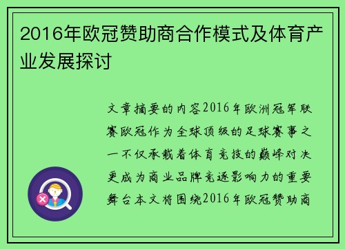 2016年欧冠赞助商合作模式及体育产业发展探讨